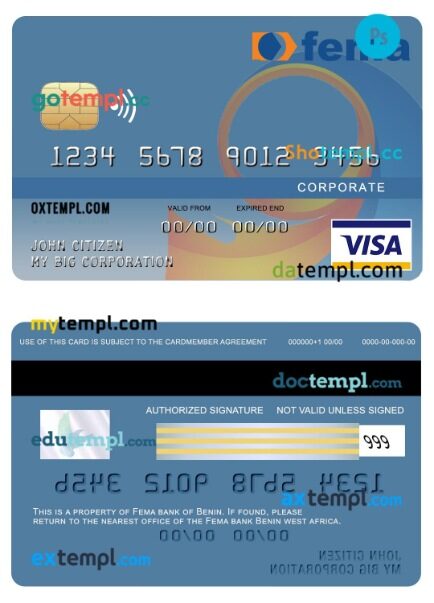 Benin Fema bank corporate visa card template in PSD format