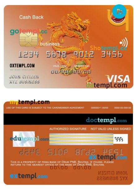 Bhutan Druk PNB bank business cash back visa card template in PSD format