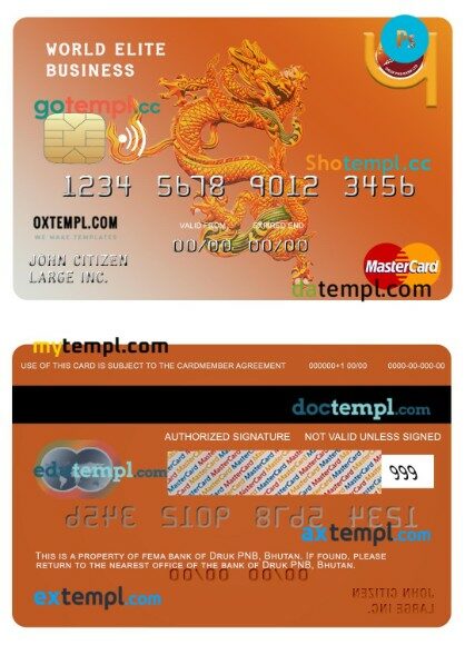 Bhutan Druk PNB bank world elite business mastercard template in PSD format