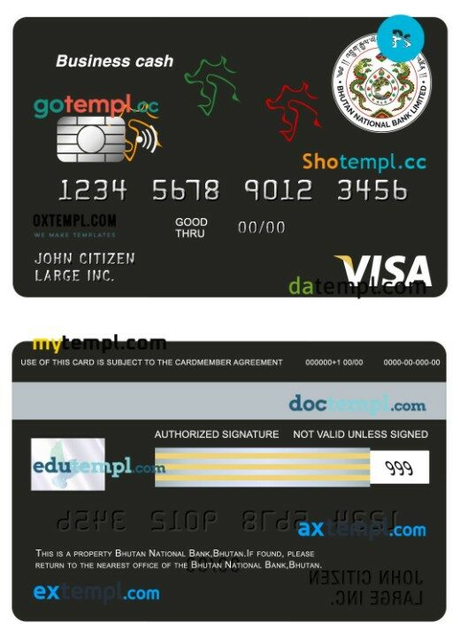 Bhutan National bank Bhutan business cash visa card template in PSD format