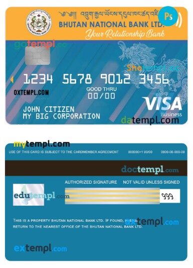 Bhutan National bank LTD business visa card template in PSD format