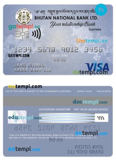 Bhutan National bank LTD visa business card template in PSD format
