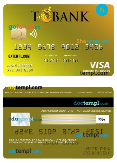 Bhutan T bank infinite business visa card template in PSD format