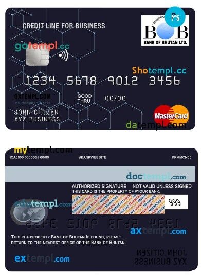 Bhutan bank of Bhutan business credit mastercard template in PSD format
