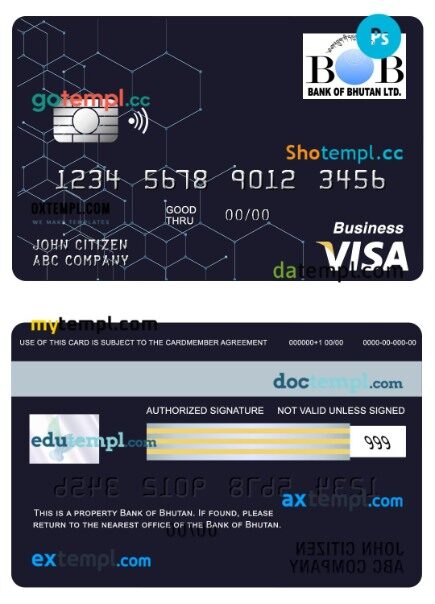 Bhutan bank of Bhutan visa business card template in PSD format