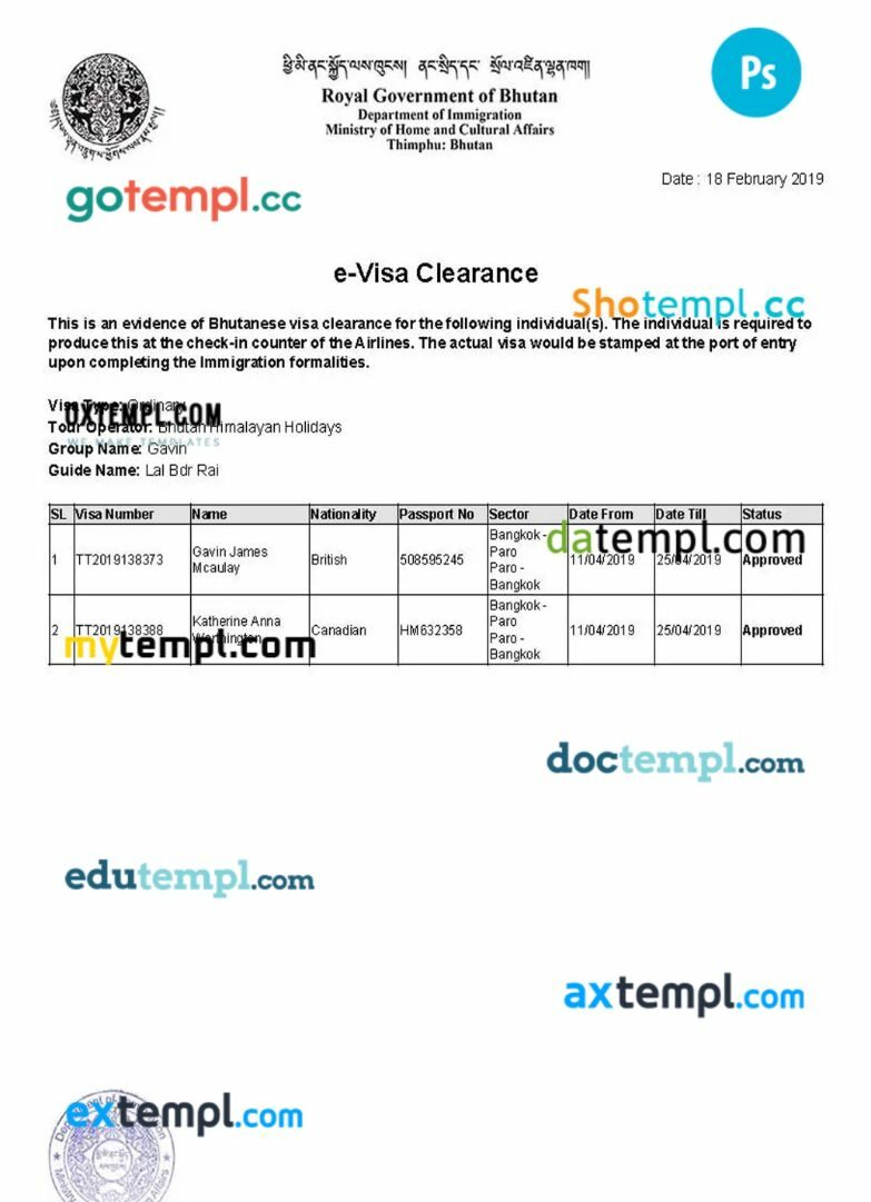 Bhutan immigration e-visa card template in PSD format
