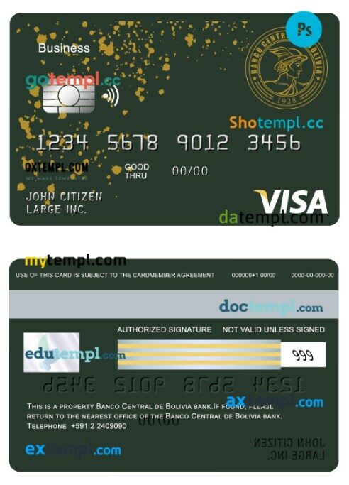 Bolivia Banco central de Bolivia bank visa business card template in PSD format