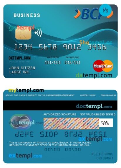 Bolivia Credito De bank business mastercard template in PSD format
