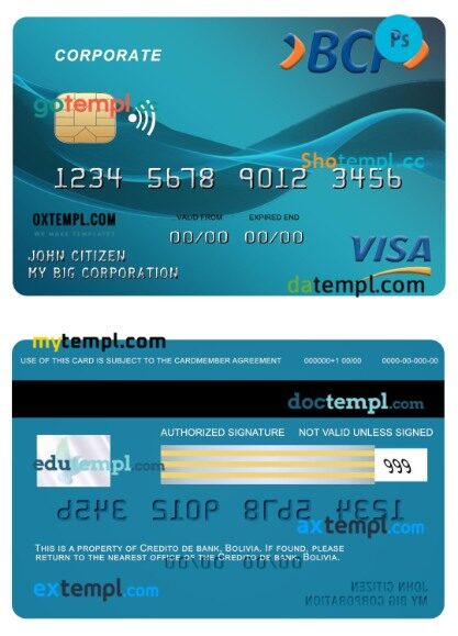 Bolivia Credito De bank corporate visa card template in PSD format