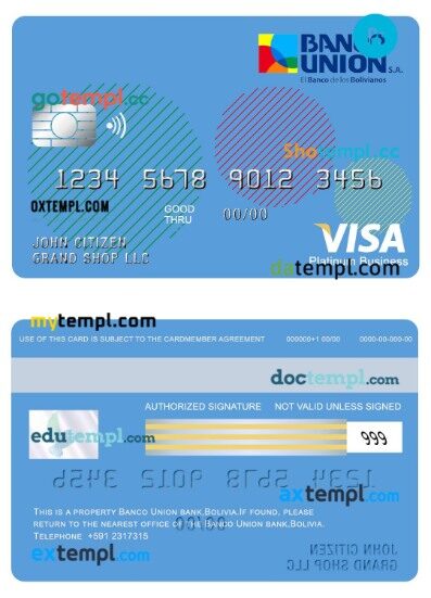 Bolivia Union Bank platinum business visa card template in PSD format