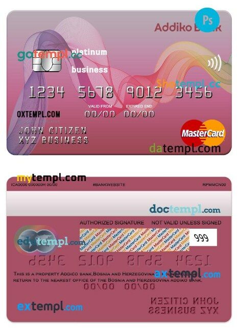 Bosnia and Herzegovina Addiko bank business platinum mastercard template in PSD format