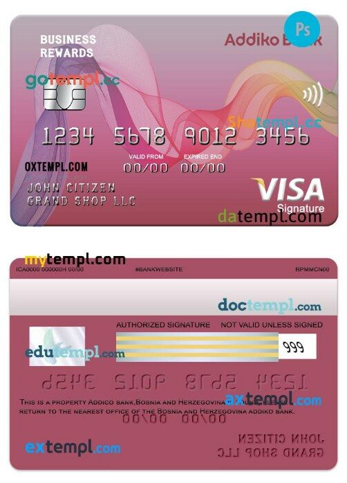 Bosnia and Herzegovina Addiko bank business rewards visa signature card template in PSD format