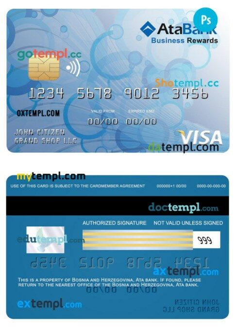 Bosnia and Herzegovina Ata bank Business Rewards visa card template in PSD format