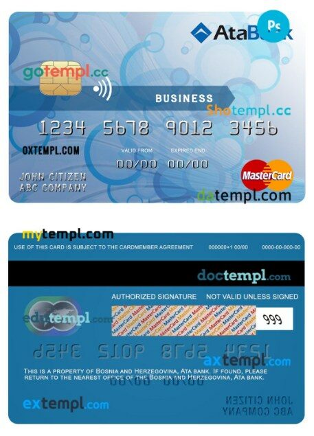 Bosnia and Herzegovina Ata bank business mastercard template in PSD format