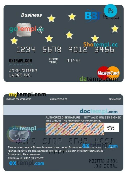 Bosnia and Herzegovina Bosna International bank business mastercard template in PSD format