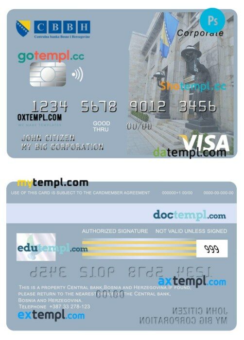 Bosnia and Herzegovina Central bank visa corporate card template in PSD format