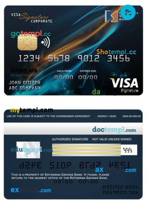 Botswana Savings bank corporate visa signature card template in PSD format