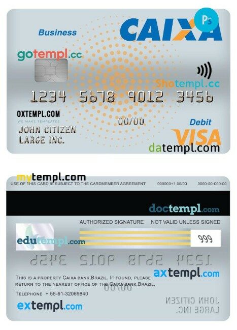 Brazil Caixa bank business visa debit card template in PSD format