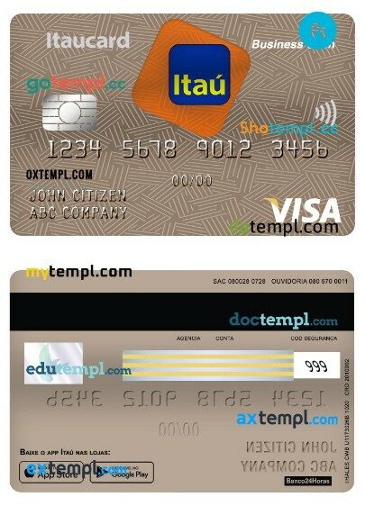 Brazil Itaú bank Business cash visa debit card template in PSD format