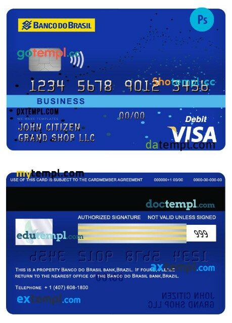 Brazil banco do brasil bank business visa debit card template in PSD format