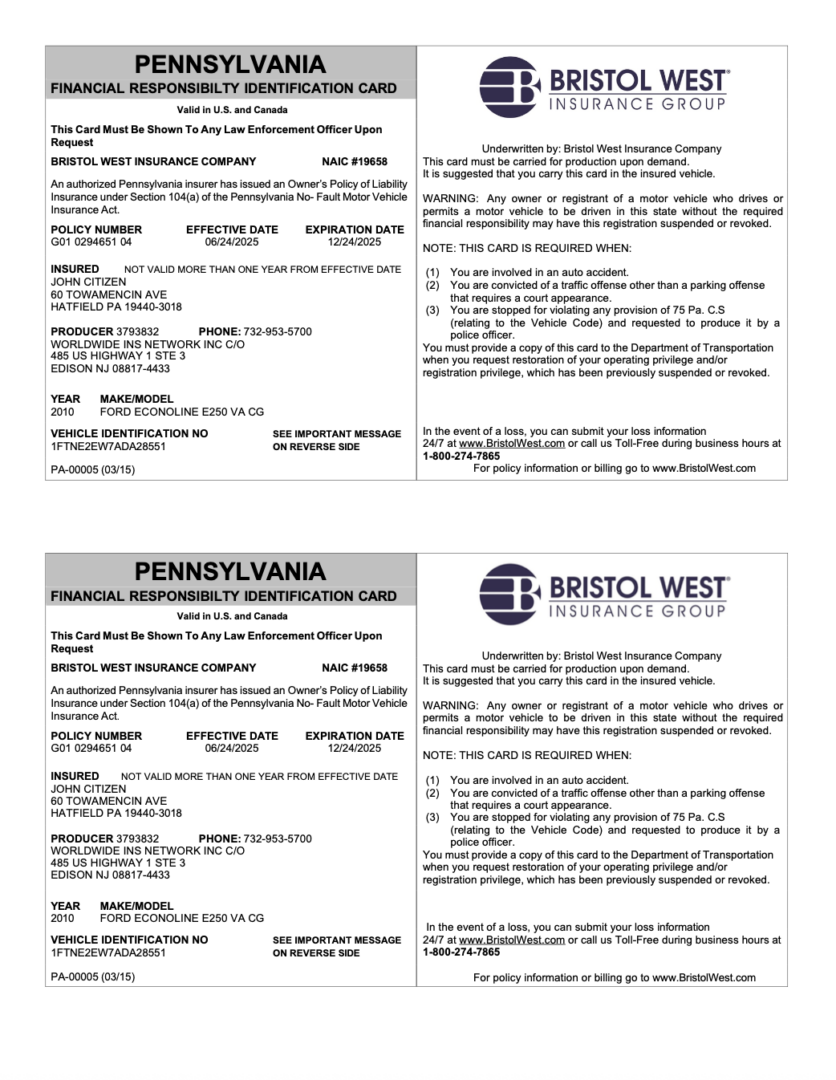 Bristol West Insurance Pennsylvania financial responsibility identification card, version 2