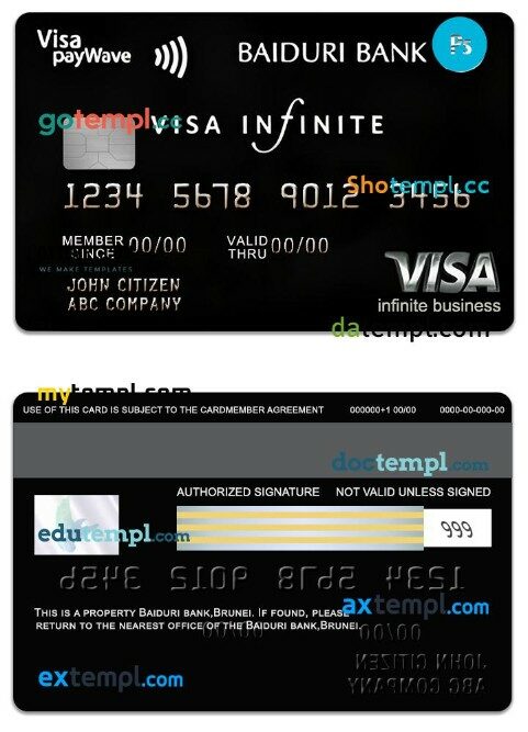 Brunei Baiduri Bank Visa infinite business Card template in PSD format