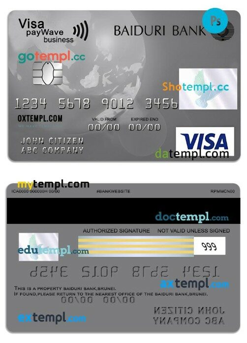 Brunei Baiduri Bank Visa paywave business card template in PSD format