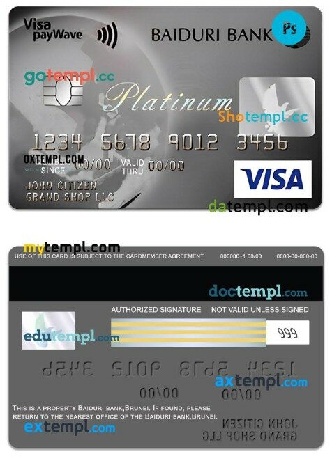 Brunei Baiduri Bank business Visa Platinum Credit Card template in PSD format