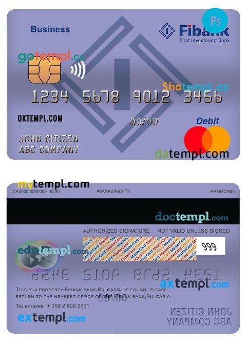Bulgaria Fibank bank business mastercard template in PSD format