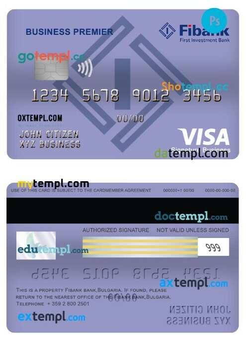 Bulgaria Fibank bank business premier visa signature card template in PSD format