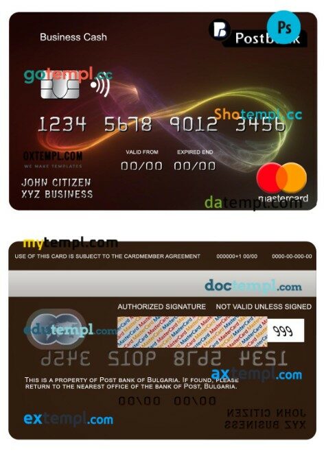 Bulgaria Post bank business cash mastercard template in PSD format