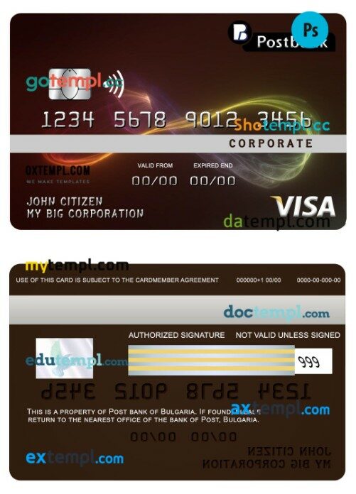 Bulgaria Post bank corporate visa card template in PSD format