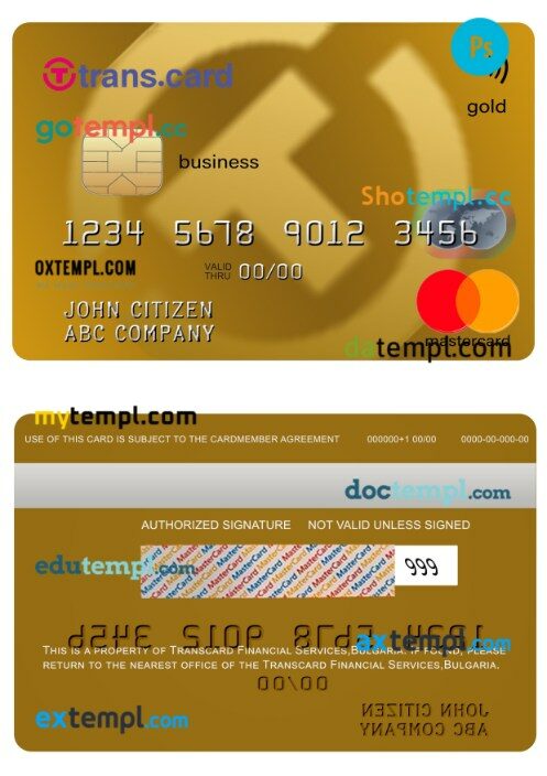 Bulgaria Transcard Financial Services gold business MasterCard template in PSD format