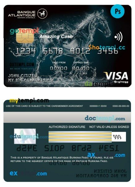 Burkina Faso Atlantique bank cash visa business card template in PSD format