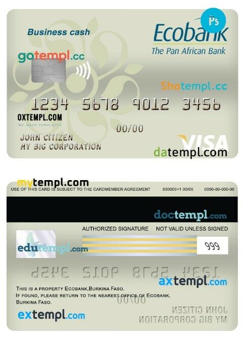 Burkina Faso Ecobank bank business cash visa card template in PSD format