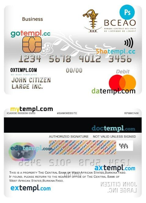 Burkina Faso The Central bank of West African States bank debit business mastercard template in PSD format