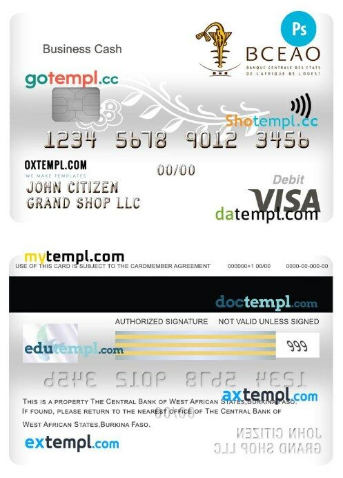 Burkina Faso The Central bank of West African Statesbank business cash visa debit card template in PSD format