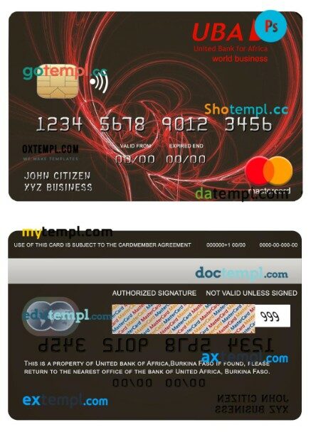 Burkina Faso United bank Africa world business mastercard template in PSD format