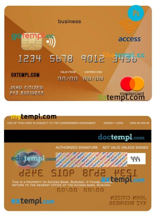 Burundi Access bank business mastercard template in PSD format