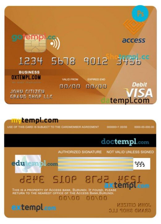Burundi Access bank visa business card template in PSD format