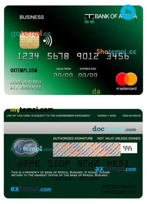 Burundi Africa bank business mastercard template in PSD format