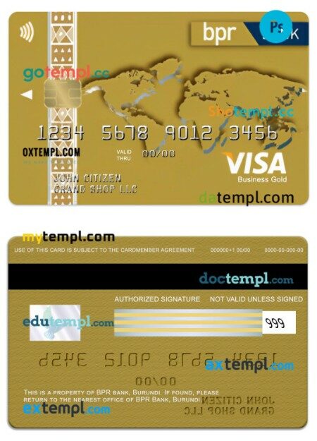 Burundi BPR bank visa business gold card template in PSD format