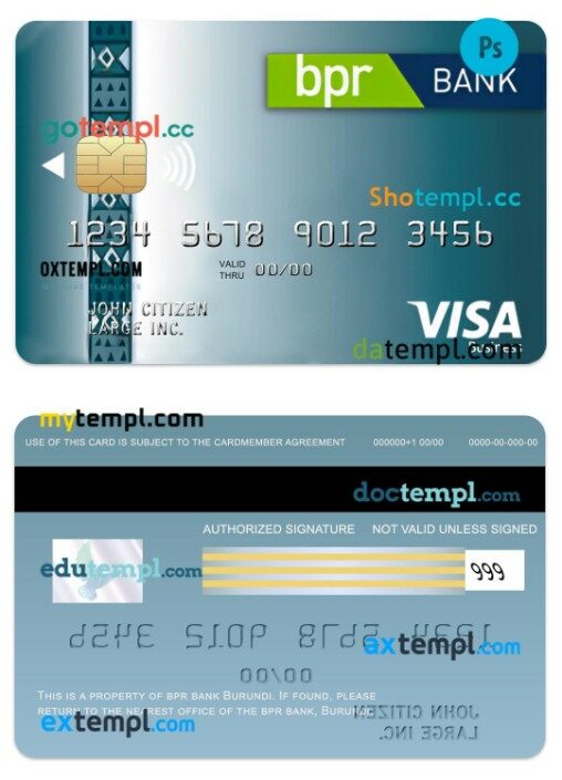 Burundi BPR bank visa classic business card template in PSD format
