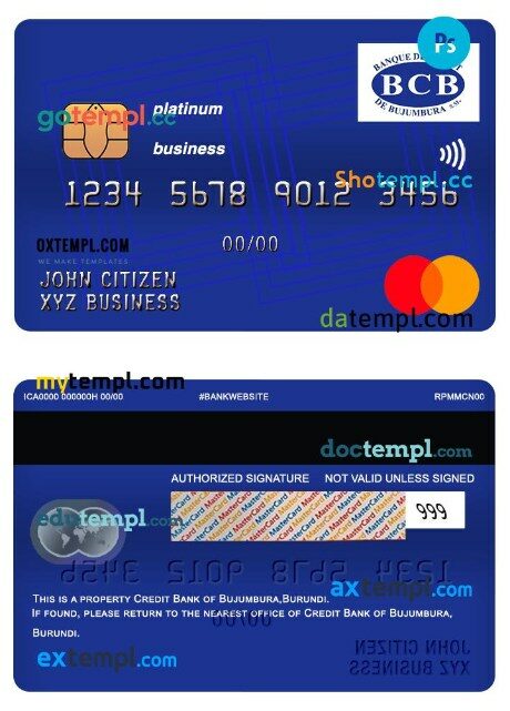 Burundi Credit bank of Bujumbura business platinum mastercard template in PSD format