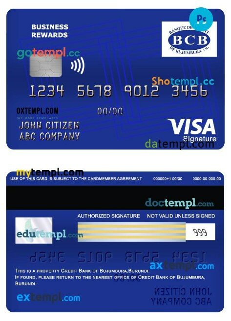 Burundi Credit bank of Bujumbura business rewards visa signature card template in PSD format
