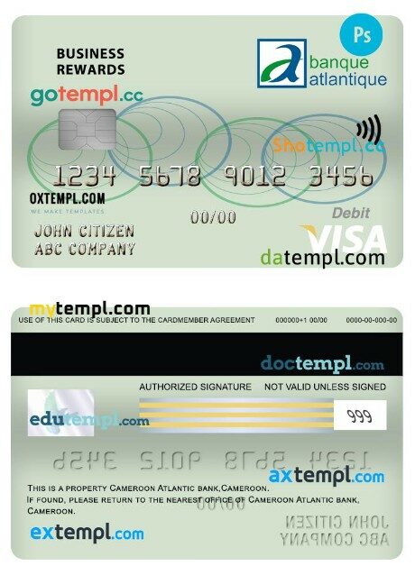 Cameroon Atlantic bank business rewards visa debit card template in PSD format