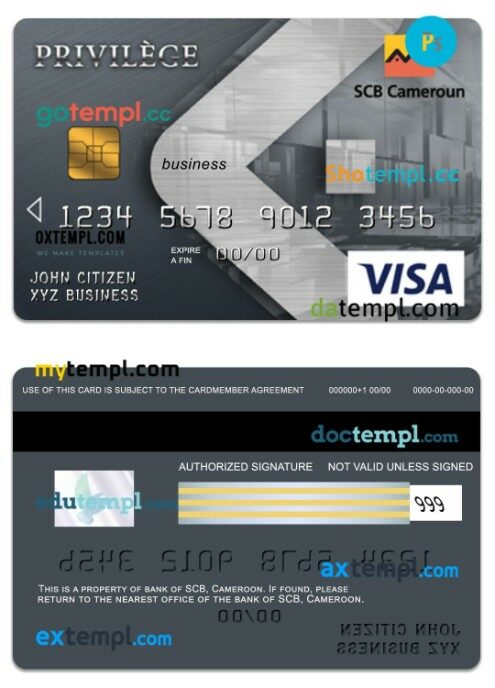 Cameroon SCB bank visa privilege business card template in PSD format