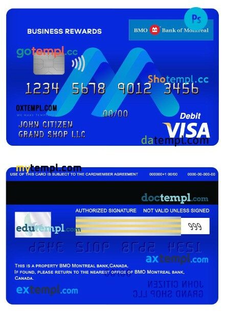 Canada BMO bank of Montreal business rewards visa debit card template in PSD format