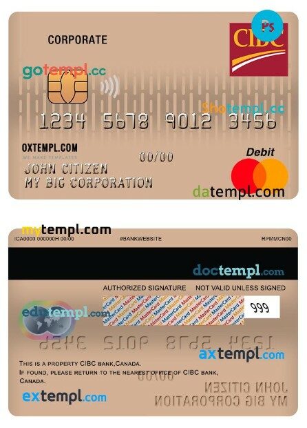 Canada CIBC bank corporate mastercard template in PSD format
