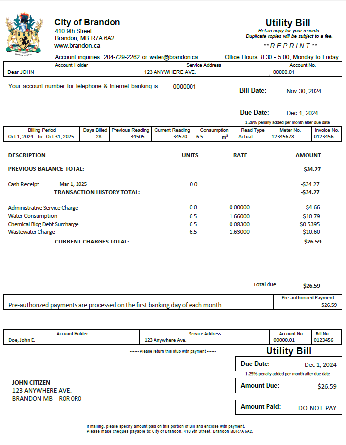 Canada City of Brandon utility bill template in Word and PDF formats Canada City of Brandon utility bill template in Word and PDF formats